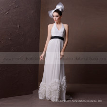 Comely hang neck A -line Bottom ruffle wedding dress with black sash